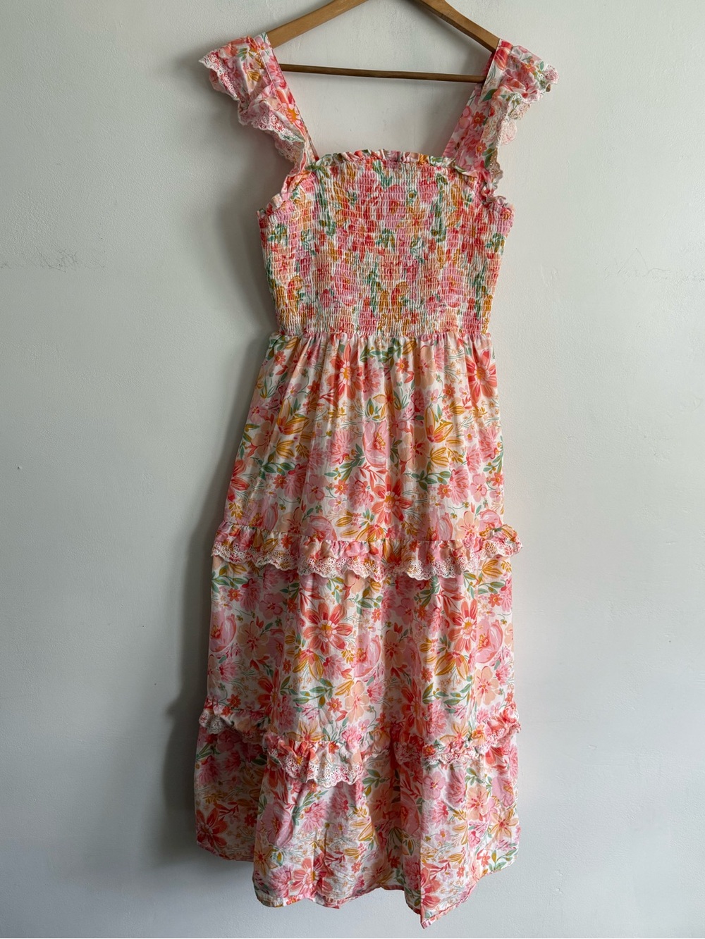 Haute Hippie Floral Smocked Midi Dress Pink Ruffle Strap Tiered Cottagecore